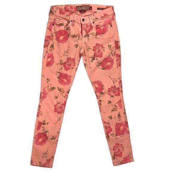 Lucky Brand Legend Skinny Jeans Womens 2/26 Peach Floral Stretch 5 Pockets Denim - Picture 1 of 13
